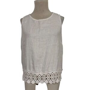KENAR Linen Crochet Trim Tank Top White Sleeveless Women's M Summer Cruise Boho